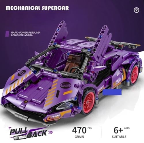 Image of 1:18 Scale Racing Car Building Block Set - Pull Back DIY Assembly Supercar Model | Compatible Bricks Toy for Kids, Adults, Collectors & Racing Car Lovers (Purple Lamborghini)
