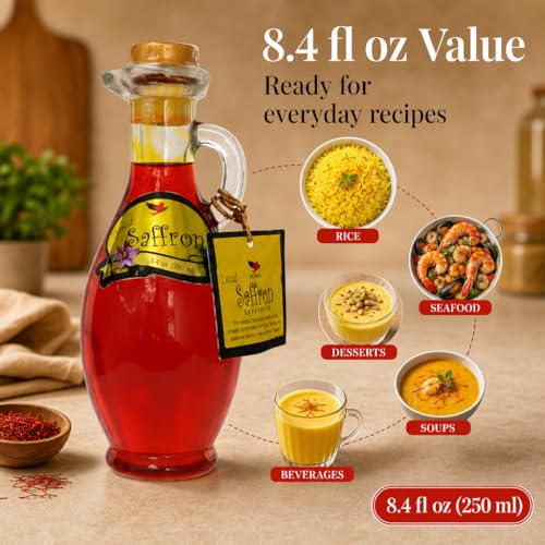 Image of HOMA Liquid Saffron 8.4 oz - Organic Saffron Extract Infused Coloring for Rice, Seafood, Drinks & Desserts, Pure Saffron Spice Flavor, No Allergens (3, Pack of 3)