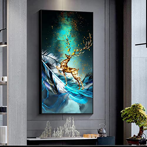 Peinture sur toile cerf abstrait aux détails feuille or, art mural artistique de 40x80 cm