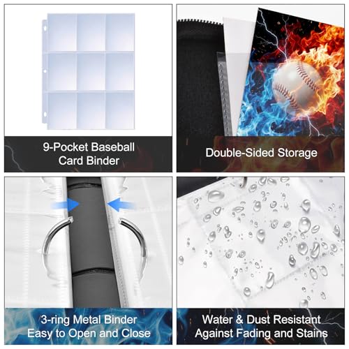 Image of Baseball Card Binder 9 Pockets Sports Card Binder Holds 900 Cards with 50 Removable Double Sleeves, Portable PU Zipper Trading Card Album, Fits TCG Collectors Boys Girls Gift