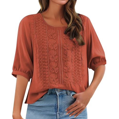 Angxiwan Boho Tops for Women UK Linen Shirts for Women UK Casual Loose Fit Short Sleeve Tunic Tops Retro Floral Embroidery Jacquard Linen Blouse Solid Color My+Orders