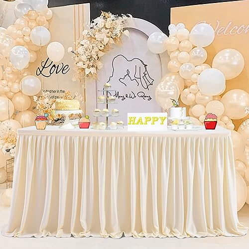 Pleated Ivory Table Skirts for Rectangle Desk 8ft Length Baby Shower Wedding Birthday Gender Reveal Parties Dessert Cake Decorations