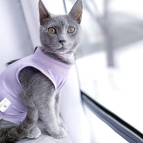 Image of DOTON Cat Recovery Suit for Male and Female Surgical Post Surgery Soft Cone Onesie Shirt Clothes Neuter Licking Protective Diapers Outfit Cover Kitten Spay Collar(L, Purple)