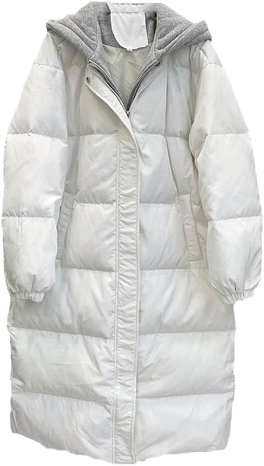 Women's Warm Winter Hooded Down Jacket, Casual Solid Loose Long Sleeve Mid-Calf Coat, White Duck Down Parka