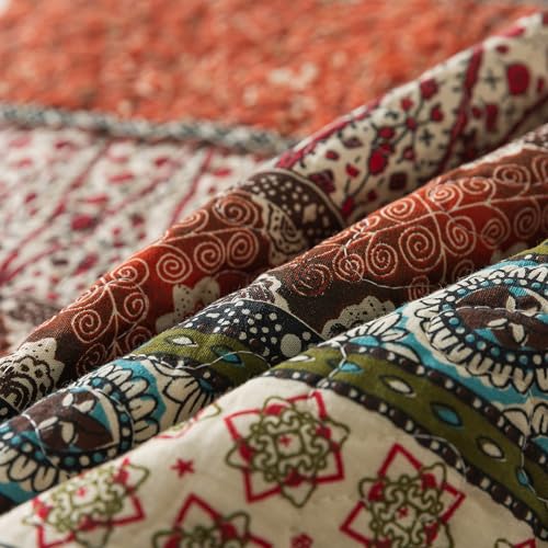NEWLAKE Cotton Bedspread Quilt Sets - Reversible Patchwork Coverlet Set, Red Striped Jacquard Pattern, Oversized King Size
