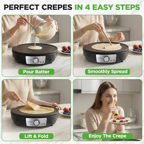 Nutrichef Electric Crepe Maker & Griddle Cooktop - Nonstick 12 Inch Aluminum Hot Plate with LED Indicator Lights & Adjustable Temperature Control - Wooden Spatula & Batter Spreader Included by NutriChef - Image 4