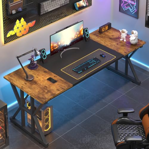 Image of 63 inch Large Computer Desk with Thickened Frame for Home Office, Living Room | Modern Simple Executive Desk, Larger Gaming Desk with X-Shaped ReInchforcement, Rustic Brown /Black