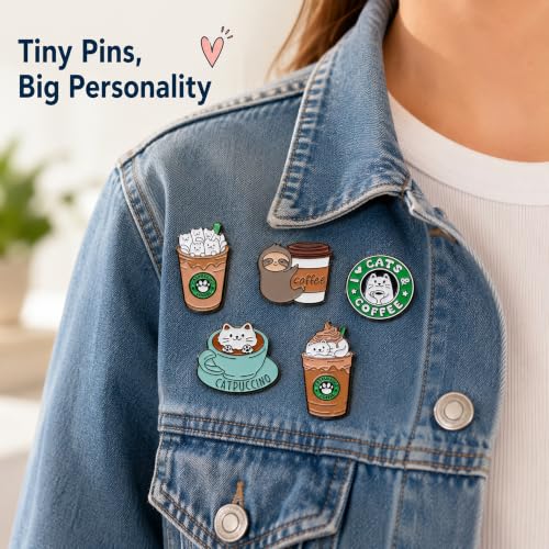 Image of 5Pcs Cute Coffee Cat Sloth Enamel Pin Set Cartoon Animal Coffee Cup Brooch Badges, Funny Lapel Pins for Backpacks, Jackets, Bags, Coffee Lover Gift