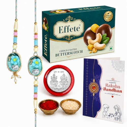 Image of DeoDap Rakhi with Chocolate for Bhai & Bhabhi - Stylish Rakhi for Bhai & Lumba for Bhabhi with Butter Scotch Chocolate, Silver Color Coin, Tilak Set & Greeting Card, Raksha Bandhan Combo Pack (K1 X5 BS32)