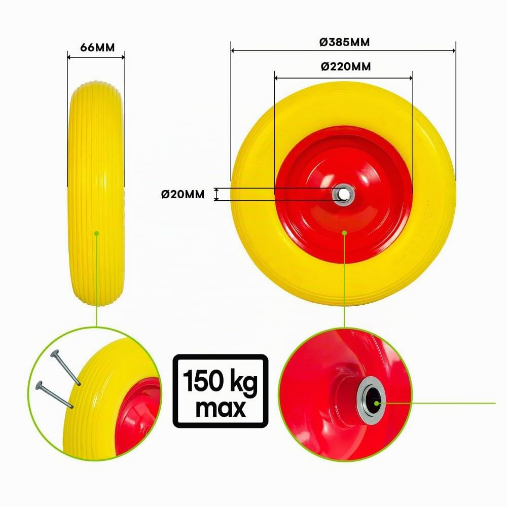 Oxeo Roue de brouette increvable avec 1 axe 20mm - diamètre 385mm - Charge Max 150 kg - Jante Acier