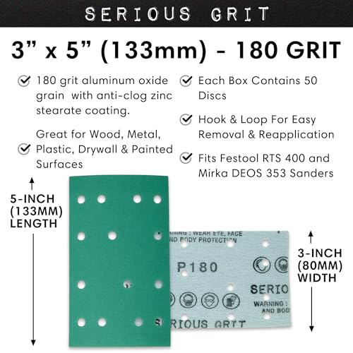 Image of Serious Grit - 3 inch x 5 inch (80x133mm) 14-Hole P180 Grit Sandpaper - 50 Pack Box | Fits Festool RTS 400 & Mirka DEOS 353 - Heavy-Duty Hook & Loop Wet /Dry Film Sanding Sheets for Doors, Cabinetry, Paint, etc