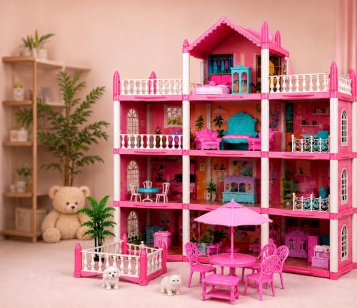 Image of 4-Storey Dream Dollhouse Villa Play Set with Furniture, Puppy & Garden Accessories | Large DIY Doll House for Girls | Educational Pretend Play Toy (Pink)