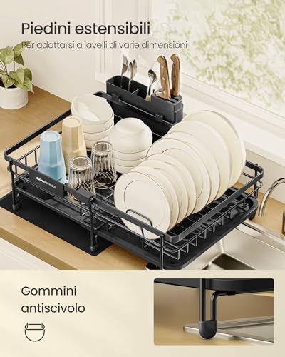 Songmics Scolapiatti, Per Spazi Ridotti, Portapiatti Da Cucina Estensibile, Capiente, Beccuccio Estensibile E Girevole A 360°, Acciaio, (30,2-46,5) X 29,6 X 14 Cm, Nero Inchiostro KCS556BH01 - 4
