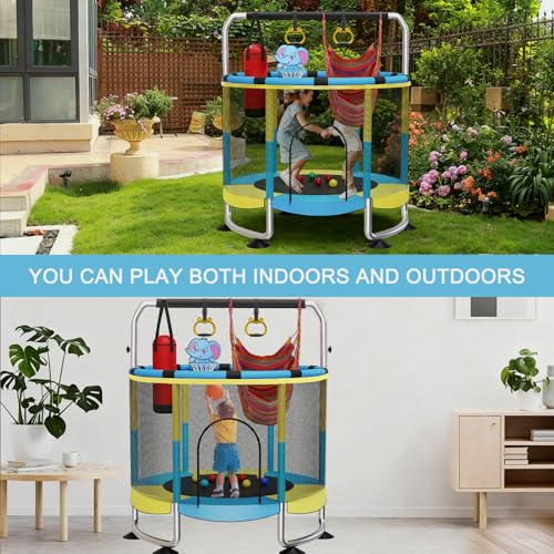 Image of Yozoia 60 inch Toddler Trampoline, Indoor Trampoline for Kids with Safety Enclosure, 440LBS Support, Adjustable Gymnastics Bar & Toys for Boys Girls