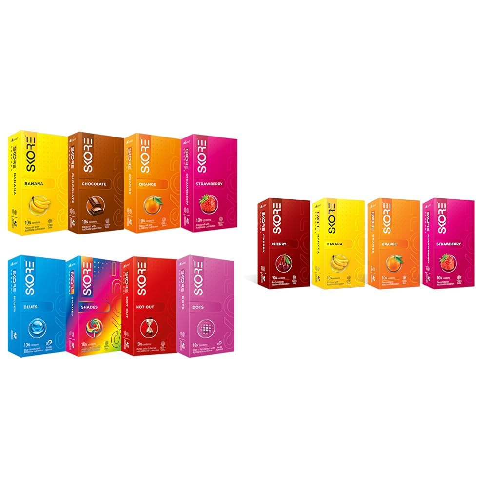 Skore New Adventure Pack Condoms - 10 Pieces, Pack of 8 | Skore Fruit Basket Condoms Combo | Flavoured - Orange, Banana, Cherry & Strawberry | Coloured) - 1-image-35