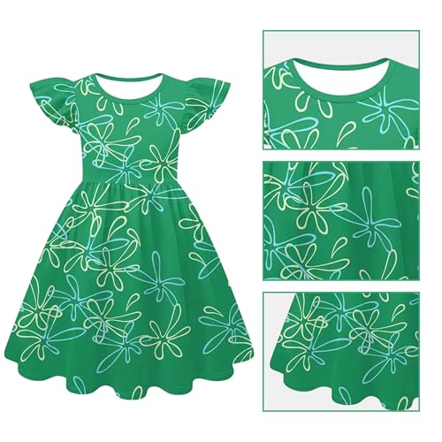 Disgust’s Dress with Green Floral Patterns,Ruffle Sleeve Dresses Headband and Glasses Christmas Birthday Outfit3