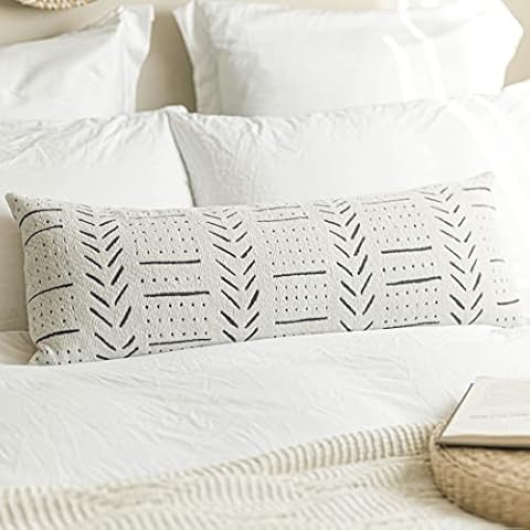 BlissBlush Off White Black Boho Long Lumbar Pillow Cover 14X36 INCH, Soft Chenille Pattern Decorative Throw Lumbar Pillow Cover, Bohemian Textured Bed Lumbar Pillow Cover Cover