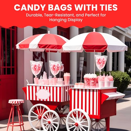 Image of Clear Cotton Candy Bags with Ties, Bulk 100 Count, Great for Cotton Candy Sticks and Cones, Individual Bags for Stands and Accessories