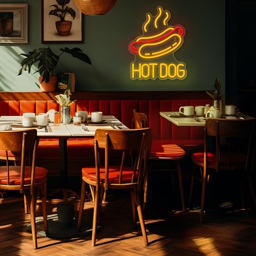 Image of Hot Dog Neon Sign LED Light for Wall Decor, Hot Dog Shop, Restaurant, Man Cave, 13.8x10.6 inches, Red and Yellow, Acrylic