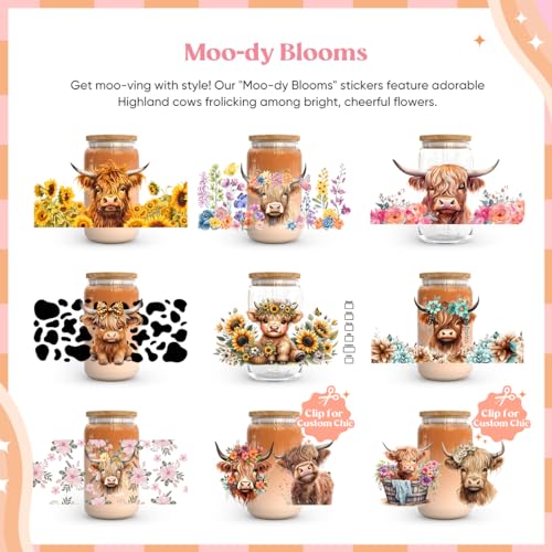 Image of Kaciola 10 Sheets UV DTF Cup Wraps for 16 oz- Highland Cow Theme UV DTF Stickers, 1 Sheet Mysterious Pattern Transfer, Rub on Transfers Stickers for 16 oz Libbey Glasses Crafting