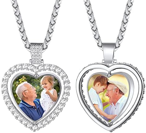Customized Both Sides Heart Picture Pendant Necklace for Women Men Bling CZ Rotatable Platinum Plated Pendant with 2 Photos Personalized Jewelry 22inch 24inch Chain