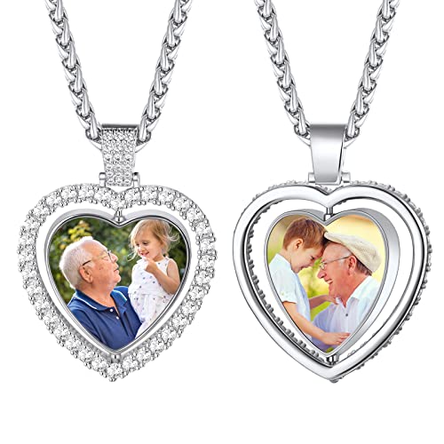 Customized Both Sides Heart Picture Pendant Necklace For Women Men Bling Cz Rotatable Platinum Plated Pendant With 2 Photos Personalized Jewelry 22Inch 24Inch Chain #TOP2