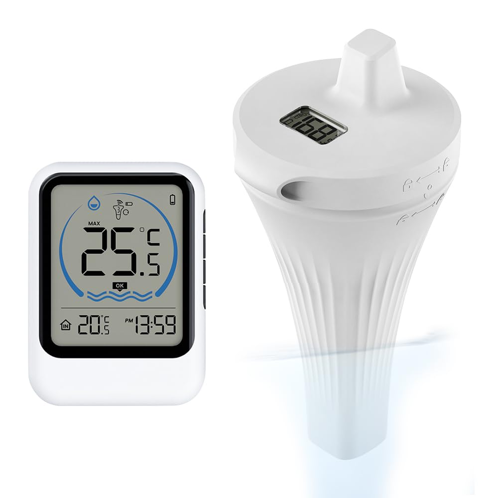 Thermomètre Piscine, Thermomètre de Piscine Flottant sans Fil Radio avec Moniteur, Étanchéité IP68 – Pour Baignoires, Aquariums, Piscines et Bassins