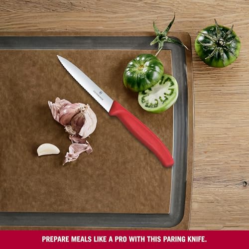 Image of Victorinox Swiss Made Stainless Steel Swiss Classic Paring Knife, 10 cm, Serrated Edge with Pointed Tip, Professional and Household Kitchen Tools, Kitchen Items, Red, 6.7731.C1 | Multipurpose Knife