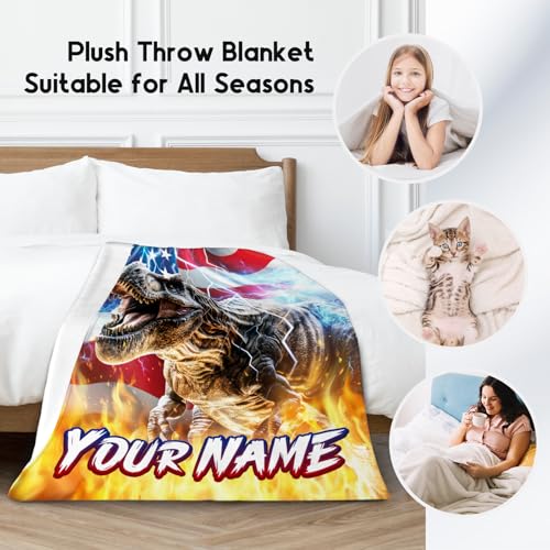Dinosaur Blanket - Personalized Blankets for Boys Men - Custom Gifts with Name - Soft Flannel Throw for Couch, Bed - 4 Sizes