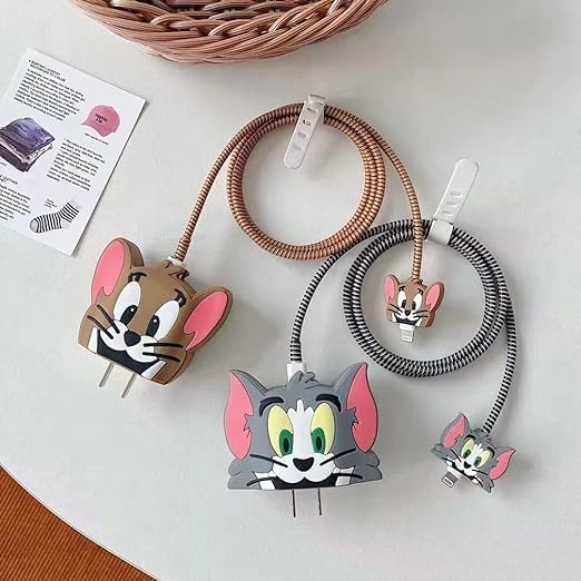 Image of INEFABLE Charger Case Cover Protector with 3D Cute Pattern for iPhone Charger only 18W & 20W, Data Charging Cable Wire Saver Protective Cable Cover Full Protection - Set Of 1 (Jerry)