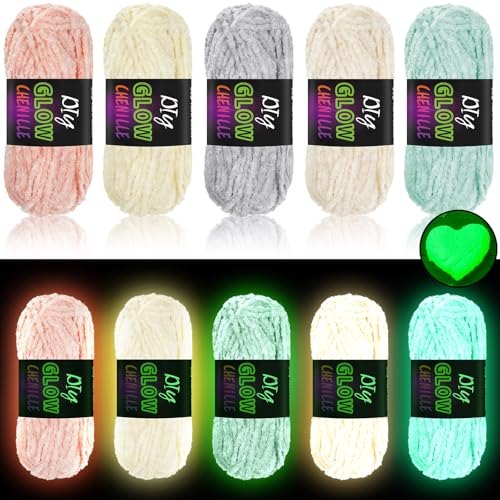 Image of Fanfanwin 5 Rolls Glow in the Dark Yarn Fluffy Chenille Yarn for Crocheting & Knitting Glow Sewing Projects Fun Birthday DIY Gifts for Beginners Women 382 Yd / 350 M Total(Vibrant Colors)