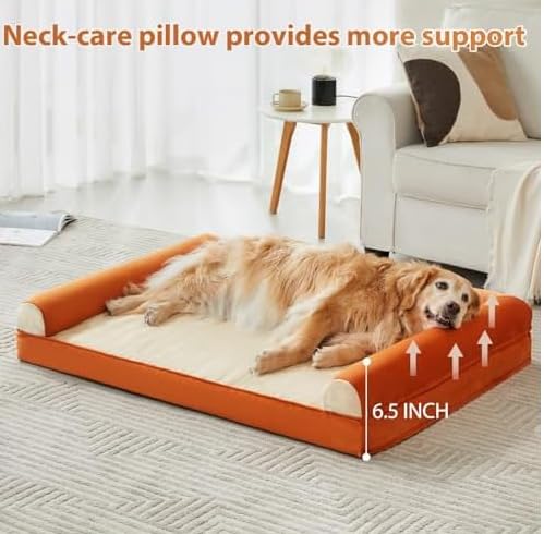 Image of gorgeous Dog Beds Memory Foam Large Bed Waterproof Layer for Labrador, Bulldog, Retriever, Poodle, Large Breed Dogbed (Orange, 47x29x4)