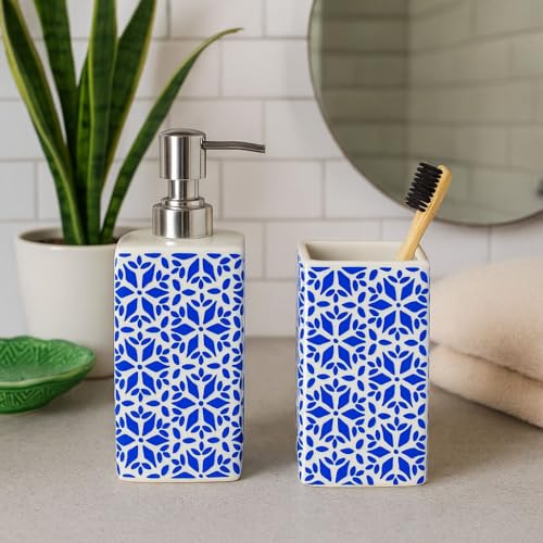 Image of Ceramic Bathroom Set of 2 - Blue & White | Soap Dispenser 330ml & Toothbrush Holder | Stylish Sink, Washbasin & Vanity Accessories