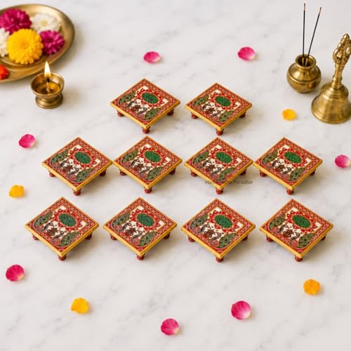 Image of Handicrafts Paradise ( 4 x 4 inch, Set of 10 Pc Marble Chowki with Peacock Design Painted Bajot for God, Home Mandir, Idols Statues Pratima, Home Decor Showpiece for Bulk Return Gifts