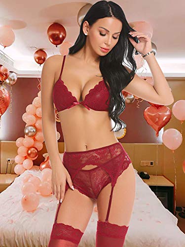 ADOME Women Lace Lingerie Set with Garter Belts Strap Babydoll V Neck Bodysuit Dark Red S - Thumbnail 2