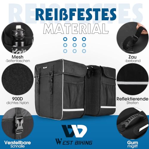 West Biking Fahrradtasche Doppeltasche Gepäckträger Tasche, 30L wasserdichte Große Packtaschen,...