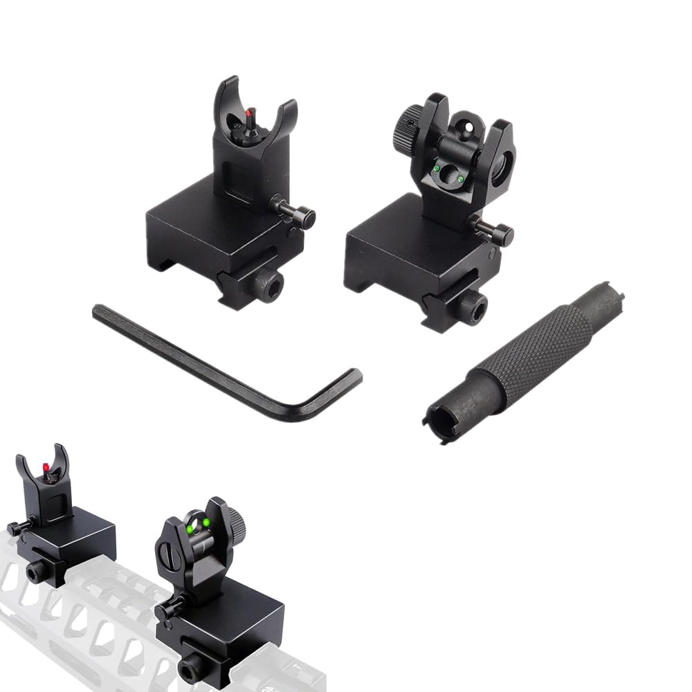 Flip-up collapsible front and rear fibre-optic iron sights with adjustment tool for 21mm Picatinny rails For Rifle Scope Tactical