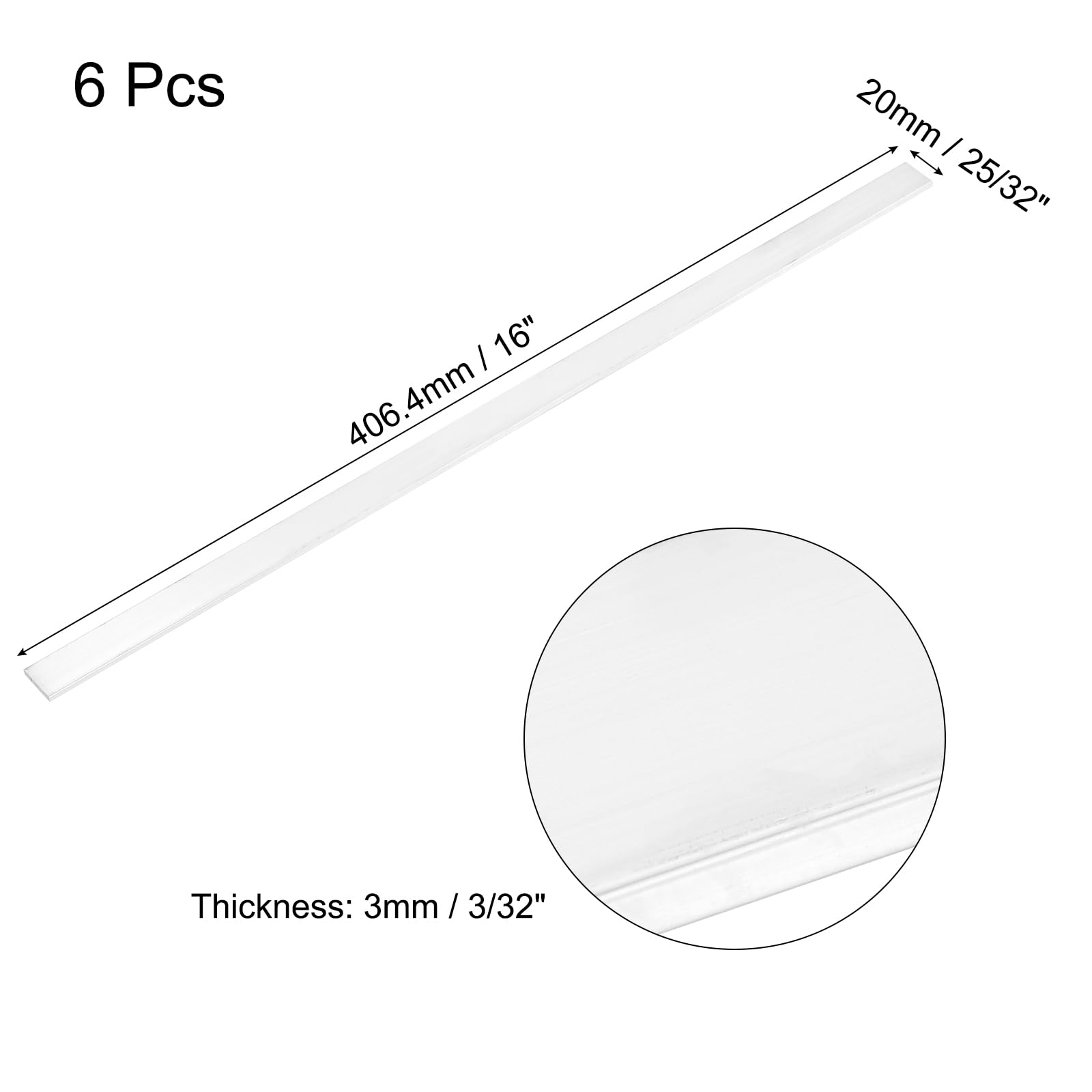 QUARKZMAN 6 Pcs Barre Plate En Aluminium Carrée, 3/32" (3mm) D'Épaisseur x 25/32" (20mm) De Largeur x 16" (406.4mm) De Longueur 6061 Plaque En Aluminium Plein Nouveau Pour Bâtiment Industriel