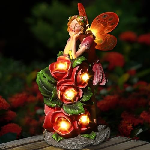 Solar Garden Outdoor Statues Cute Flower Fairy with 7 LED Solar Figurine for Lawn,Patio, Balcony, Yard Unique Housewarming Gift, for Woman, Mom, Grandma