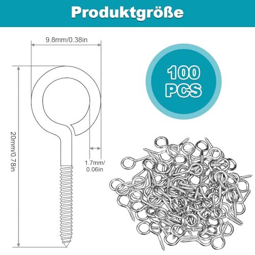 100 Stück Ösenschrauben - 20mm Schraubösen mit Ringösen & Schlüsselanhänger Ringe | Silberne Metallringe für DIY Schmuckherstellung | Perfekt für Tonanhänger, Halsketten & Handwerk​(Silber)