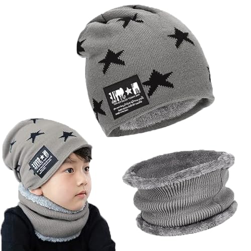 Gxlaihly Gorro de invierno para niños,Conjunto de Gorro de Punto Invierno Térmico y Bufanda para Niños,Gorra con bufanda de punto con Forro de Lana para Niños y Niñas, 4-15 años (gris)
