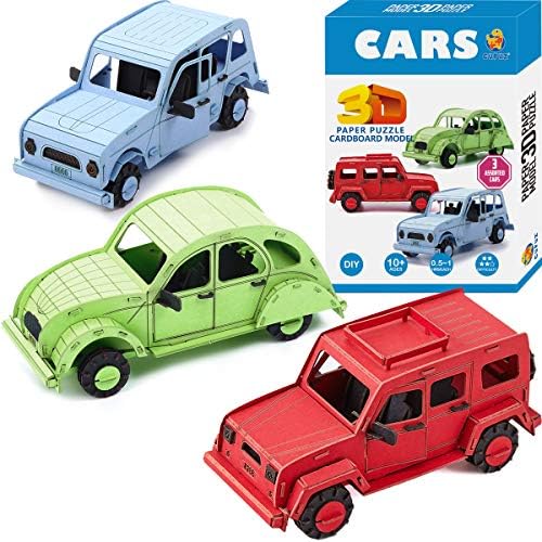 CUPUZ 3D Paper Puzzle, 3 Assorted Cars, 3D Cardboard Model Car kit, DIY Set for Child, Educational Craft Puzzles, Gift for Boys