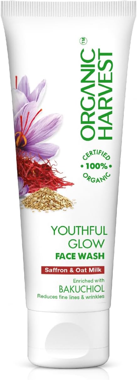 "Organic Harvest Anti-Aging Glow Face Wash: Saffron & Oat Milk | Anti-Acne Face Wash for Glowing Skin | Reduces Fine Lines & Wrinkles | For Dry & Combination Skin Types | Hydrates & Soothes - 100gm"