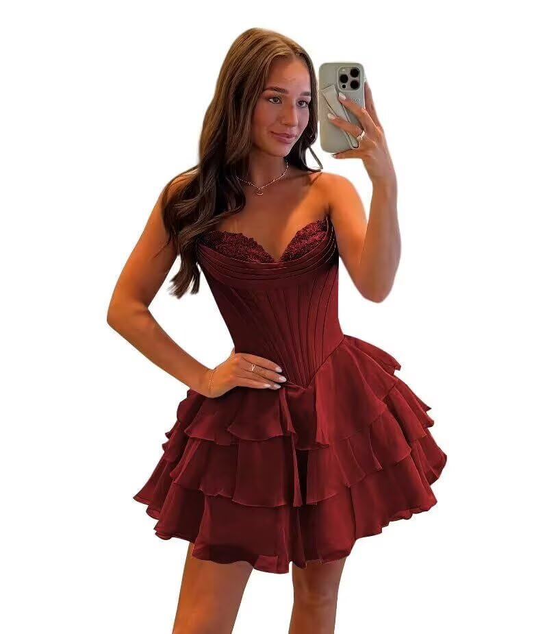 Corset Short Homecoming Dresses for Teens Strapless 2025 Ruffle Floral Tiered Graduation Party Gowns...