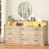 Bigbiglife 9 Drawer Dresser with Built-in Power Outlet, Mid Century Modern Chest of Drawers for Bedroom,63'' Triple Wide Dresser Storage Cabinet for Closet, Living Room, Entryway,Light Wood