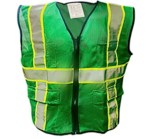 HAWK Forest Green Safety Vest | Size Extra Large (XL) | Neon Yellow & Silver Reflective Stripes | Multi-Pocket Design | Breathable Polyester