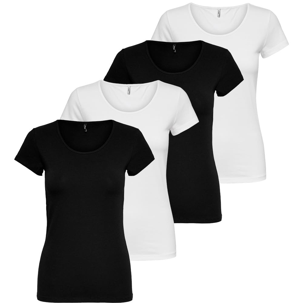 ONLY Damen 4er Pack T-Shirt Live Love Kurzarmshirt Basic Baumwollmix schwarz weiß Farbmix XS S M L XL