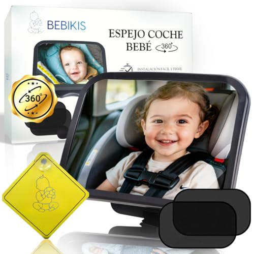 | BEBIKIS® SUPER PACK De Espejo Coche Para Bebe 100% IRROMPIBLE Para Asiento Trasero Con ROTACIÓN...