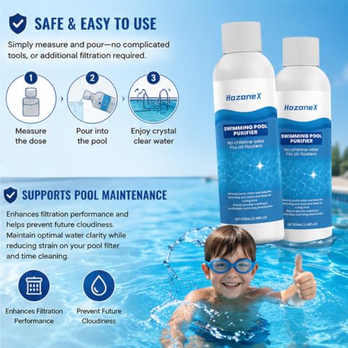 Swimming Pool Purifier, Pro Pool Water Purifier Liquid – Crystal Clear Pool Water | Safe for Inground, Above-Ground Pools & Water Features | Fast-Acting Pool Clarifier - Hozone X-2 Pack