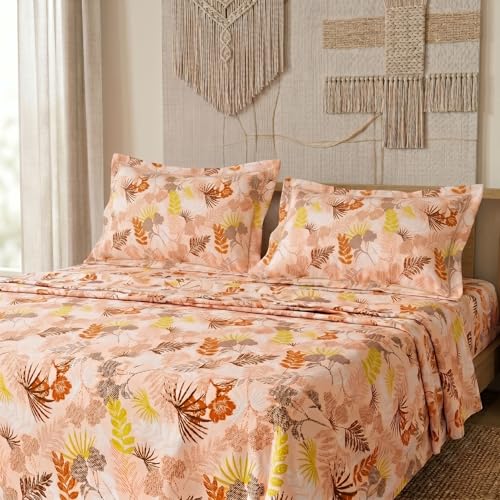 Image of LANE LINEN Symphony | 100% Cotton Sheet Set | Soft & Breathable Fabric | 3 Piece (1 Bedsheet + 2 Pillow Covers) | Super King Bed Sheet Set - Rust and Yellow Floral
